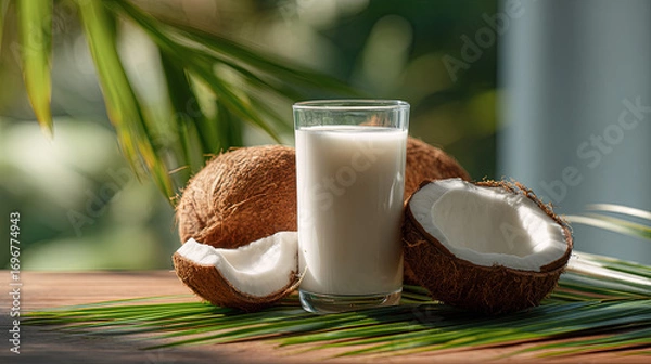 Obraz Chilled coconut milk glass resting near cracked coconuts on rustic wooden surface, highlighting natural tropical drink freshness