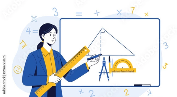 Fototapeta Geometric Instructor Explaining a Right Triangle with Mathematical Tools and Diagrams