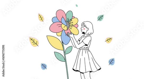 Fototapeta Girl Admiring Blooming, Multicolored Flower in a Simple, Whimsical Digital Illustration