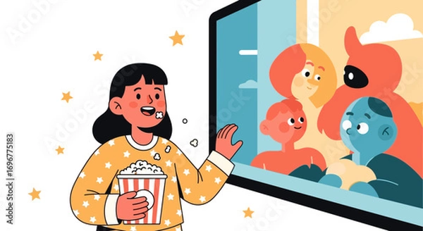 Fototapeta Girl Enjoying Cinema Experience While Watching a Movie on a Big Screen at Home