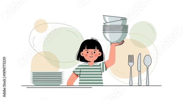 Fototapeta Girl Keeping Plates And Bowls Ready, A Harmonious Composition Of Daily Life