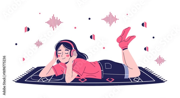 Fototapeta Girl Listening To Music With Headphones While Relaxing On A Cozy Carpet And Smiling