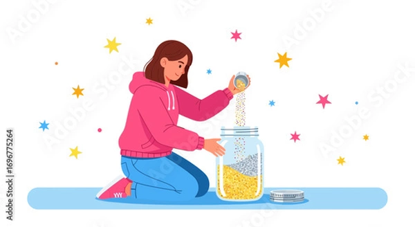Fototapeta Girl Pouring Shiny Elements Into Jar, Illustrating Concept Of Creativity And Growth