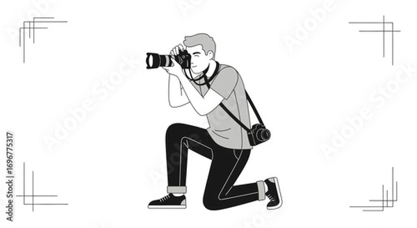 Fototapeta Enthusiastic Photographer Capturing Moment In A Dynamic Composition, Black And White