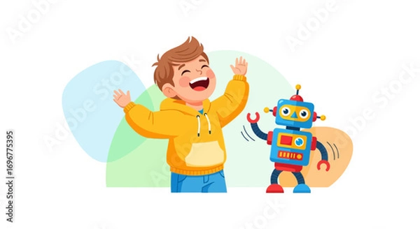 Fototapeta Enthusiastic Young Boy Playing With a Friendly Robot and Expressing Delight
