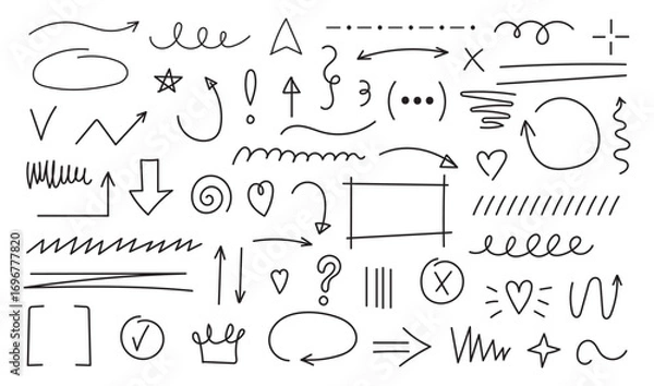 Fototapeta Line marker hand drawn brush arrow element set. Sketch pencil stroke vector graphic pen underline scribble icon. Hand drawn line heart, crown, star symbol highlight marker shape. Vector illustratPrint