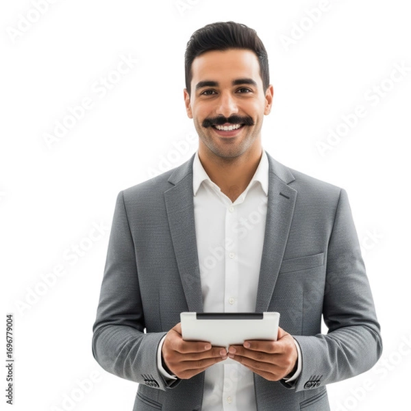 Fototapeta Smiling businessman holding a tablet appreciating technology in modern business environment transparent background