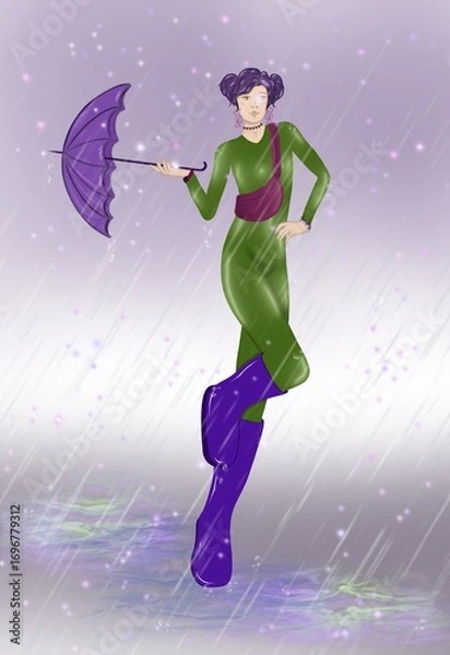 Obraz illustration of a girl in the rain in rubber boots and with an umbrella