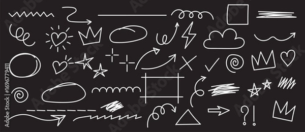 Fototapeta Chalk and crayon scribbles, pencil brush strokes, marker checks, swirls, and playful doodles. Hand drawn arrows, lines, and sketch marks. Creative doodle elements. Vector collection
