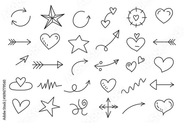 Fototapeta Chalk and crayon scribbles, pencil brush strokes, marker checks, swirls, and playful doodles. Hand drawn arrows, lines, and sketch marks. Creative doodle elements. Vector collection