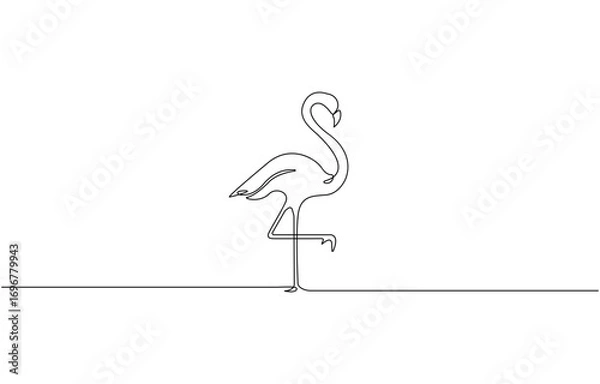 Fototapeta Continuous one line drawing of a flamingo standing on one leg, minimalist line art design flamingo bird, vector illustration.