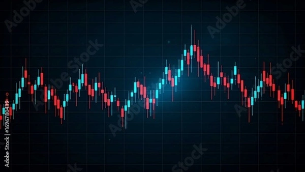 Obraz Digital candlestick trading chart with blue and red futuristic glow. Perfect for finance, stock market, forex analysis, investment, and global economy concepts.