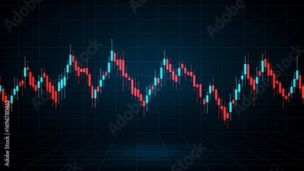 Obraz Digital candlestick trading chart with blue and red futuristic glow. Perfect for finance, stock market, forex analysis, investment, and global economy concepts.