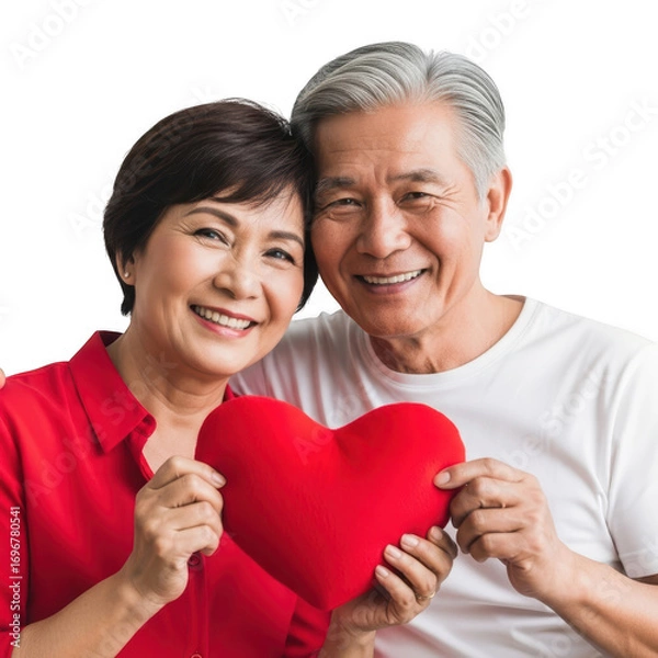 Fototapeta Joyful asian couple embracing affectionately holding a bright red heart symbol transparent background