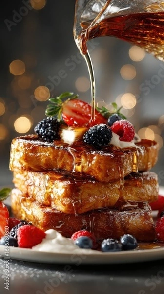 Fototapeta Delicious French Toast Stack with Berries and Maple Syrup Pour.