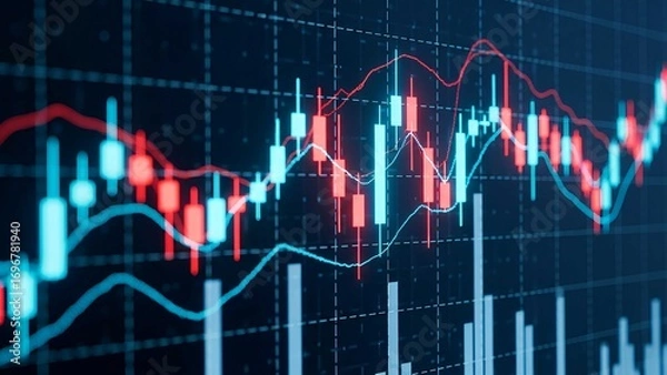 Obraz Digital candlestick trading chart with blue and red futuristic glow. Perfect for finance, stock market, forex analysis, investment, and global economy concepts.