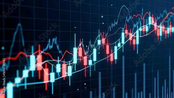 Obraz Digital candlestick trading chart with blue and red futuristic glow. Perfect for finance, stock market, forex analysis, investment, and global economy concepts.