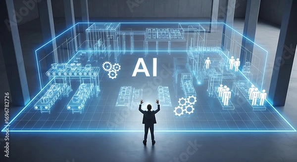 Fototapeta Man interacts with futuristic holographic ai display showcasing data insights and digital intelligence