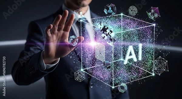 Fototapeta Futuristic ai technology interface with a business professional interacting with a digital network visualization