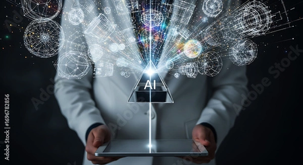 Fototapeta Futuristic scientist person holding tablet displaying holographic data and glowing network connections