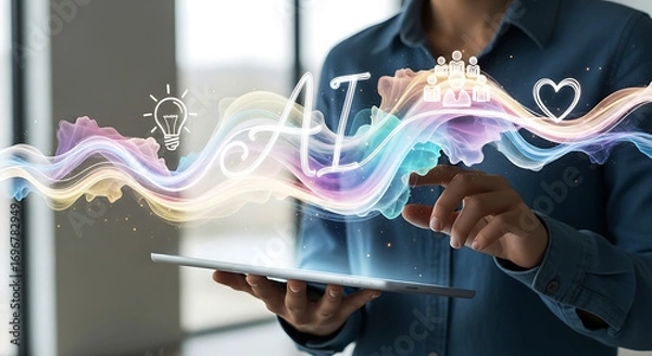 Fototapeta Person using tablet interacting with glowing digital heart and data streams futuristic technology concept