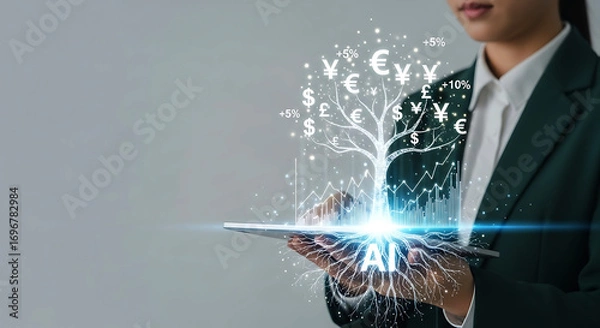 Fototapeta Business professional interacting with advanced digital technology and glowing data streams with financial symbols