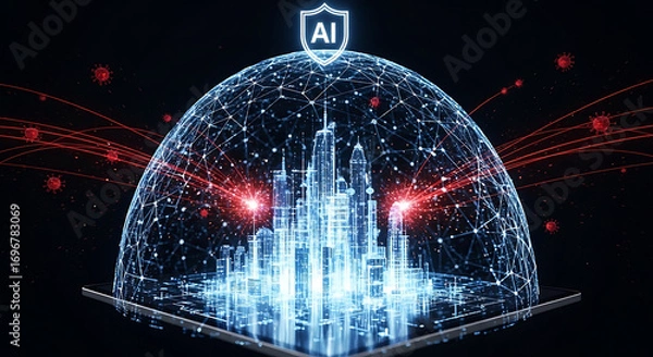 Fototapeta Futuristic ai brain encased in a glowing digital dome with abstract data streams symbolizing advanced technology innovation