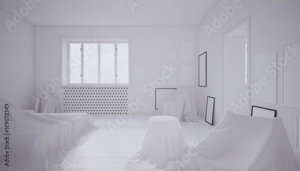 Fototapeta 3d rendering of a white bedroom with furniture covered by sheets.