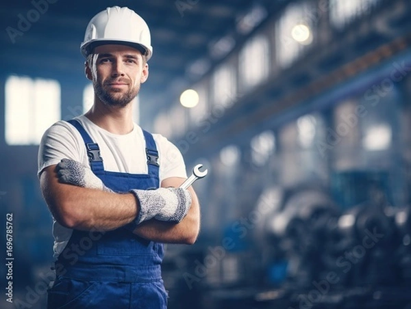 Fototapeta A worker in a blue overall and a white helmet stands at an industrial plant with a wrench in his hands against the background of production and mechanical engineering. Theme of blue-collar jobs