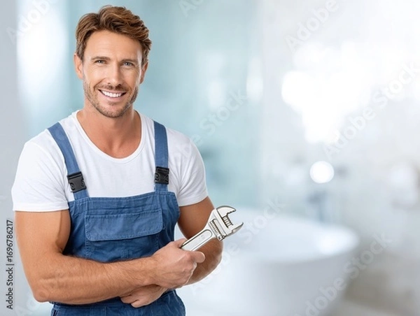 Fototapeta A plumber in a blue overalls stands in a modern bathroom with a bathtub in the background and holds an adjustable wrench. The image is suitable for construction, renovation, household services topics