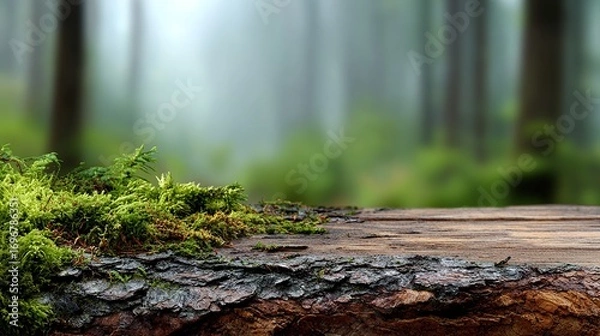 Fototapeta Flat horizontal wooden blank surface covered with moss and bark highlights the natural texture and earthy tones of the forest. Nature background, organic product display