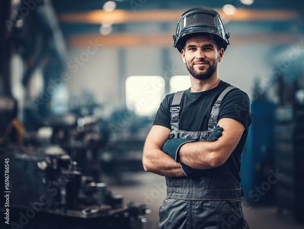 Fototapeta A welder wearing protective gear including a welding helmet and gloves stands confidently in an industrial workshop ready to perform skilled metalworking in a production environment