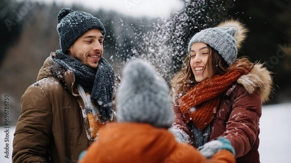 Fototapeta Family in winter clothes playing in the snow outside, joyful and warm atmosphere. Winter fun and outdoor activities on snowy background