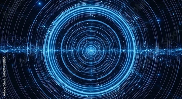 Fototapeta Abstract blue concentric circles with glowing particles and light effects, representing data flow or energy