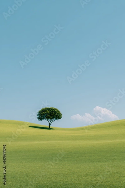 Obraz photorealistic ultraminimalist landscape with solitary tree against clear blue sky