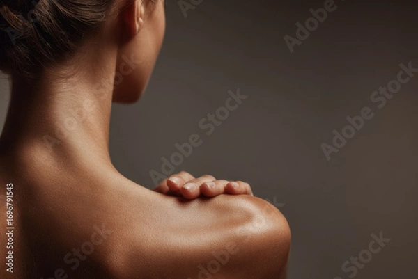 Obraz closeup of person back during twisting motion with gray background