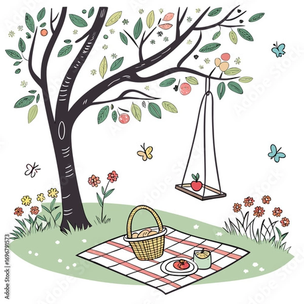 Fototapeta Charming hand drawn illustration of a picnic scene under a fruit tree with a swing and butterflies