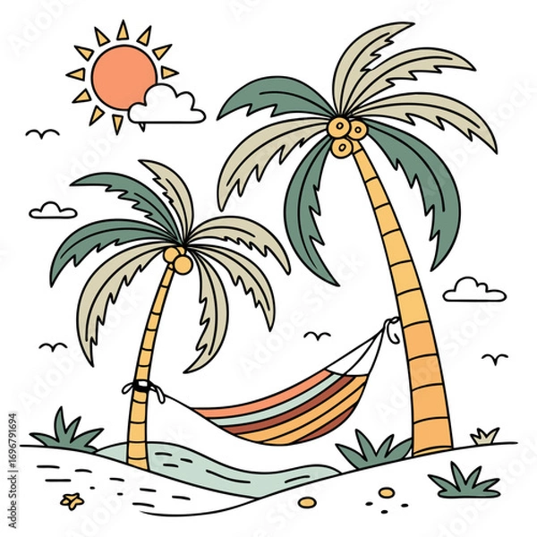 Fototapeta Tropical beach scene with two palm trees a colorful hammock and a bright sun in the sky