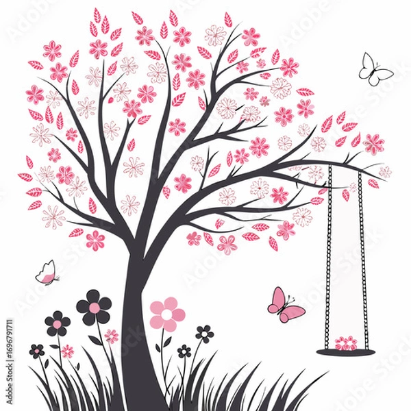 Fototapeta Whimsical cherry blossom tree with swing and butterflies on a white background