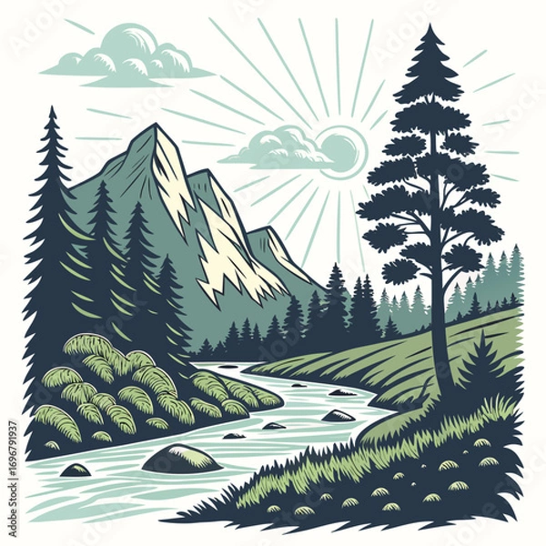 Fototapeta Serene mountain landscape with river and pine forest under a sunny sky