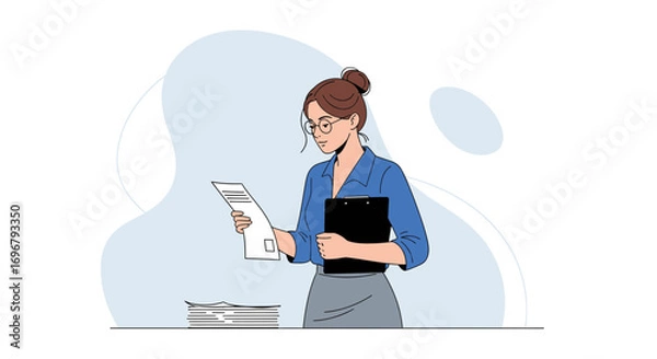 Fototapeta Professional Woman Analyzing Documents and Holding a Clipboard for Business Procedures