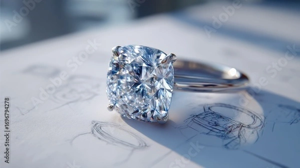 Fototapeta A sparkling diamond ring rests on top of jewelry design sketches, reflecting light and showcasing intricate craftsmanship