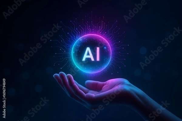 Obraz Hand holding glowing A I sphere with circuits artificial intelligence