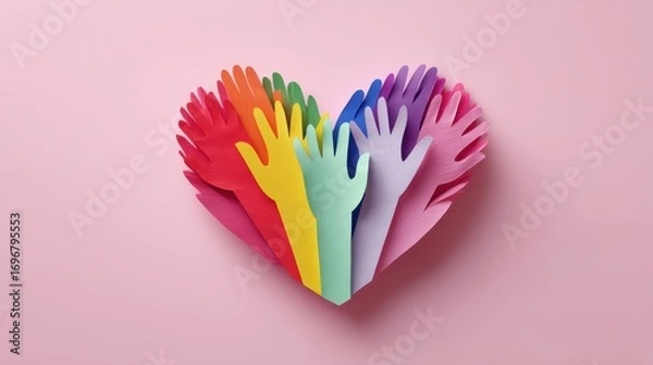 Fototapeta Colorful paper hands arranged in a heart shape on a pink background, symbolizing unity, diversity, and love