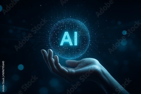 Fototapeta Human hand holding glowing A I sphere with circuits