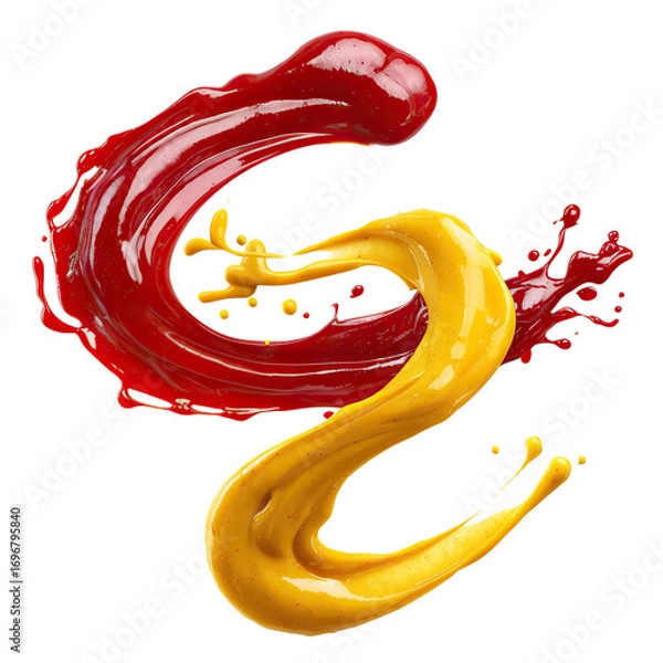 Fototapeta Ketchup and mustard splash swirls in motion, isolated on transparent cutout background
