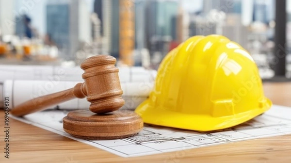 Fototapeta A judge’s gavel and a yellow construction helmet rest on architectural blueprints with a blurred cityscape in the background