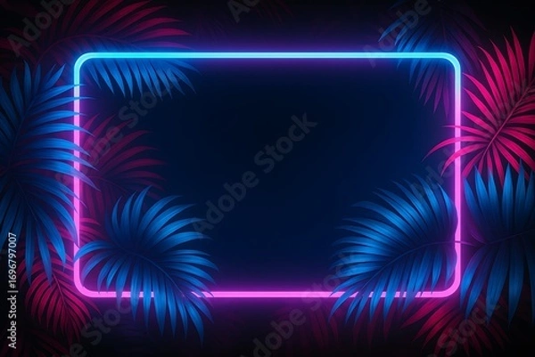 Obraz Neon rectangle frame with tropical palm leaves image