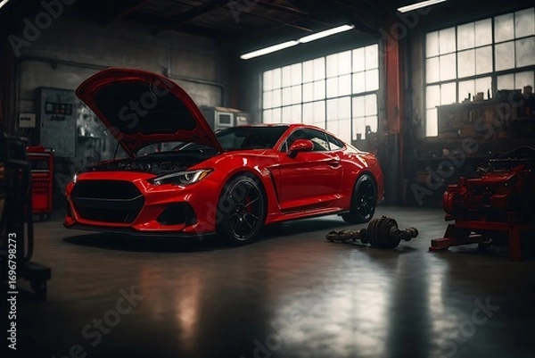 Obraz Red sports car with hood open in auto repair shop red car