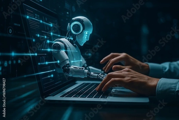 Obraz Robot and Human Hands Typing on Laptop with Digital Data Streams